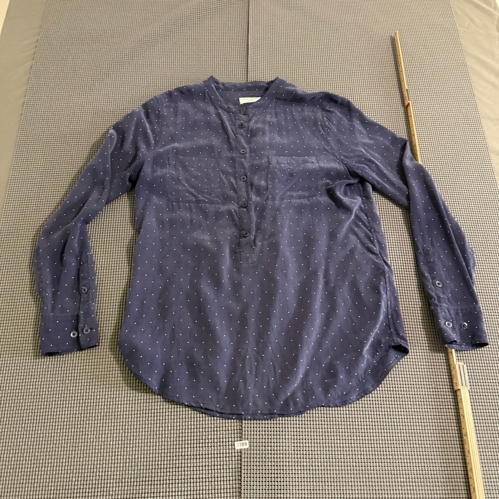 Equipment Femme Navy Blue Polka Dot Band Collar Blouse Size Medium